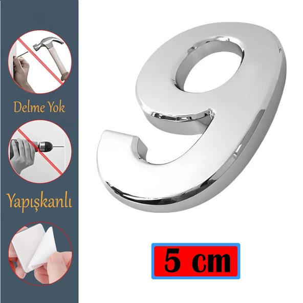 Kapı Numarası Yapışkanlı Küçük Boy 50 mm 5 cm Numara 9 Rakam Dokuz Sayı Krom Renk Numaralar 1 Adet