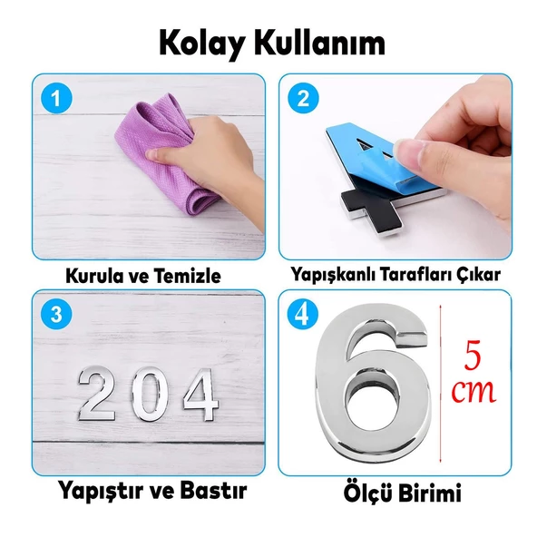 Kapı Numarası Yapışkanlı Küçük Boy 50 mm 5 cm Numara 6 Rakam Altı Sayısı Krom Renk Numaralar 1 Adet - 2