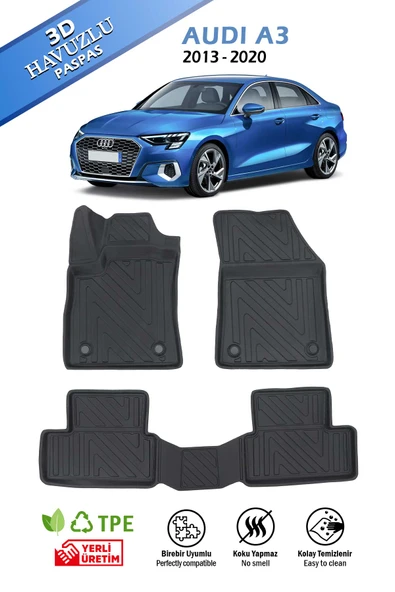 Havuzlu 3d Siyah Paspas Takımı, Audi A3 2013-2020 Arası 3d Havuzlu Paspas+Araç Kokusu