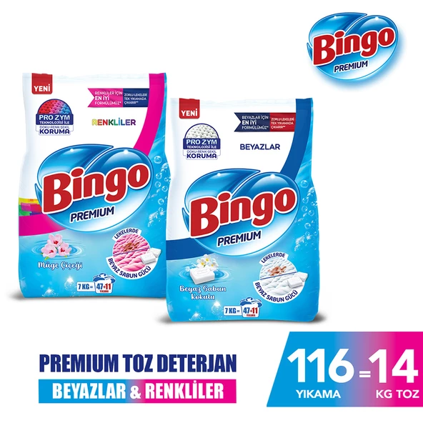 Bingo Premium Toz Çamaşır Deterjanı 7 Kg Renkli + Bingo Premium Toz Çamaşır Deterjanı 7 Kg Beyaz