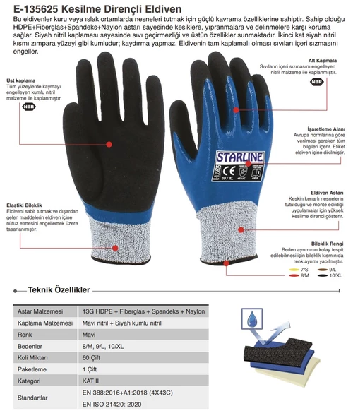 Kesilmez Eldiven E-135625 Nitril Köpük Starline 4x43c 9 Numara - Resim 3