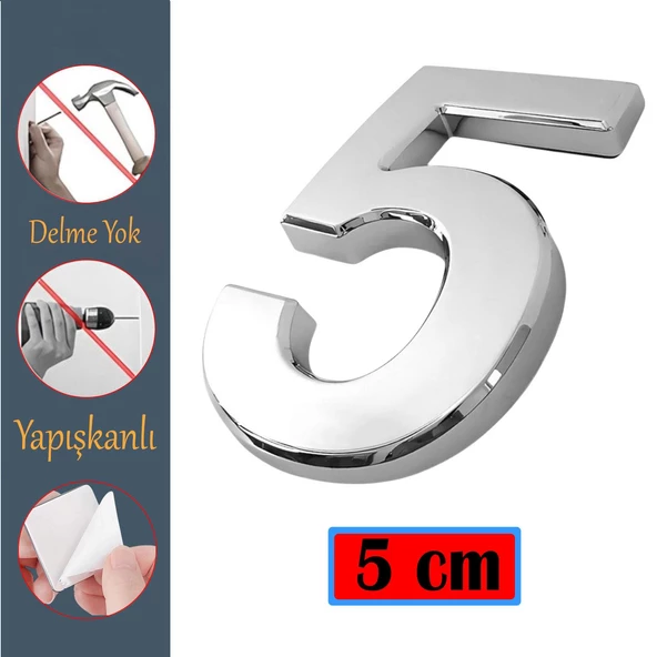 Kapı Numarası Yapışkanlı Küçük Boy 50 mm 5 cm Numara 5 Rakam Beş Sayısı Krom Renk Numaralar 1 Adet