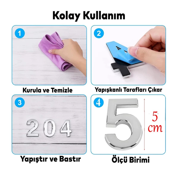 Kapı Numarası Yapışkanlı Küçük Boy 50 mm 5 cm Numara 5 Rakam Beş Sayısı Krom Renk Numaralar 1 Adet - 2