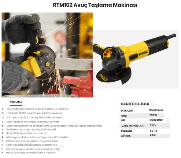 Rtrmax Avuç Taşlama 750 W 115 mm Rtm 102 - 5