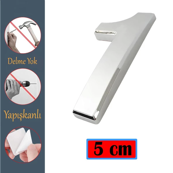 Kapı Numarası Yapışkanlı Küçük Boy 50 mm  5 cm Numara 1 Rakam Bir Sayısı Krom Renk Numaralar 1 Adet