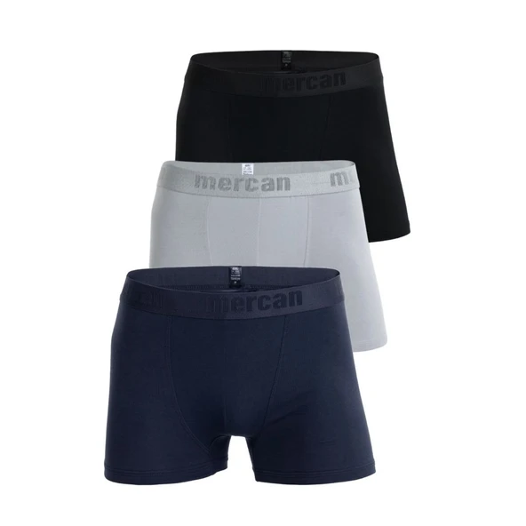 Mercan Pamuklu Likralı Çok Renkli Esnek 3'lü Erkek Boxer (GRİ SİYAH LACİVERT)