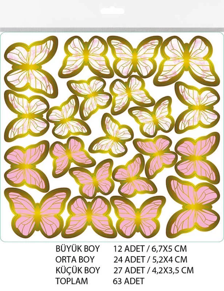 KELEBEK DEKORATİF SÜS VARAKLI PEMBE 1 SET 63 ADET - Resim 3
