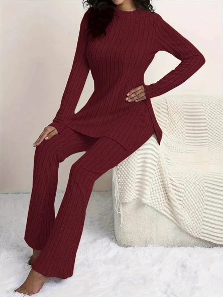 Kadın Uzun Kollu Yuvarlak Yaka Yandan Yırtmaç Detaylı şardonlu Kaşkorse Bluz Ve Pantolon Ikili Takım - Resim 4