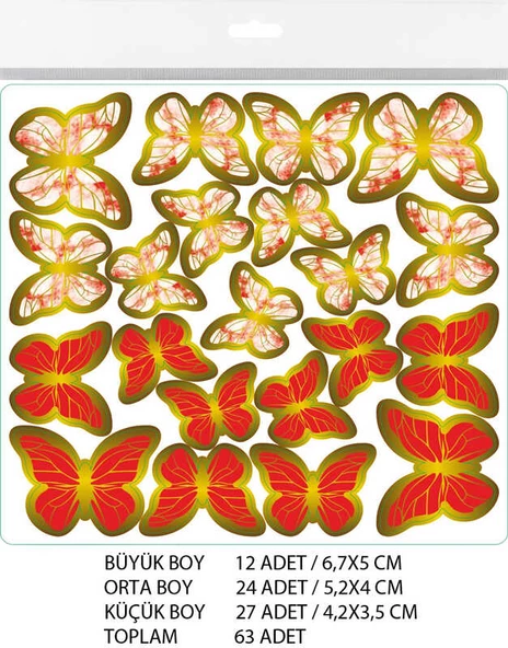 KELEBEK DEKORATİF SÜS VARAKLI KIRMIZI 1 SET 63 ADET - 3