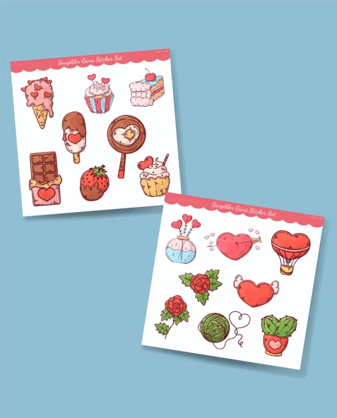 Sevgililer günü sticker set- 14 şubat sticker - hediye süsleme çıkartmaları- 2 li Set - Mat Etiket Kağıdı - 2