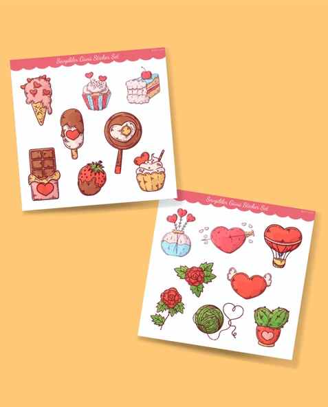 Sevgililer günü sticker set- 14 şubat sticker - hediye süsleme çıkartmaları- 2 li Set - Mat Etiket Kağıdı