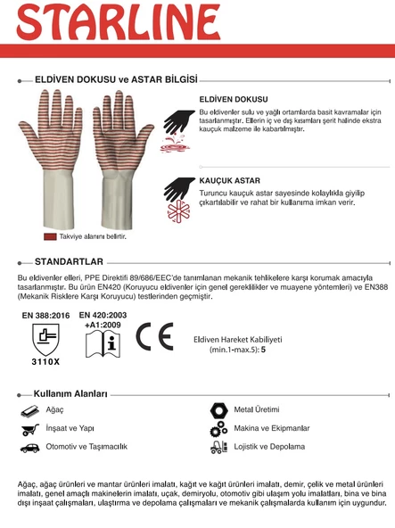Kauçuk Eldiven Hava Ve Sıvı Geçirmeyen Yağlı Ortam Eldiveni Starline H2-45 No 11 - 4
