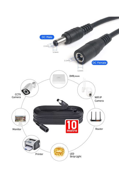 Concord Power Uzatma Kablosu 10 metre AWG23 Kamera, Wifi Kamera, Modem, Kayıt Cihazı 12V DC Uzatma - 5