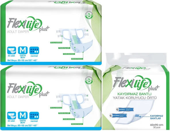 Flexi Life Yetişkin Hasta Bezi Bel Bantlı Tekstil Yüzeyli Orta 60 Adet + Yatak Koruyucu Örtü 30 Adet