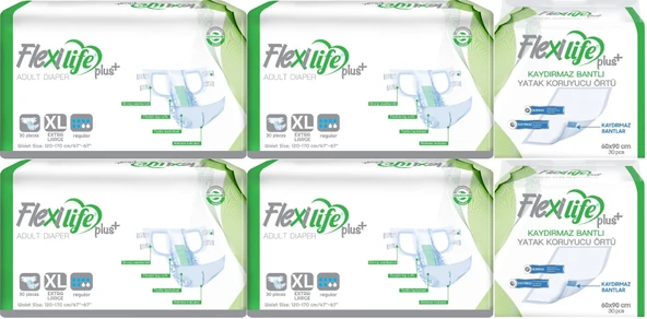 Flexi Life Yetişkin Hasta Bezi Bel Bantlı Tekstil Yüzeyli XL 120 Adet + Yatak Koruyucu Örtü 60 Adet