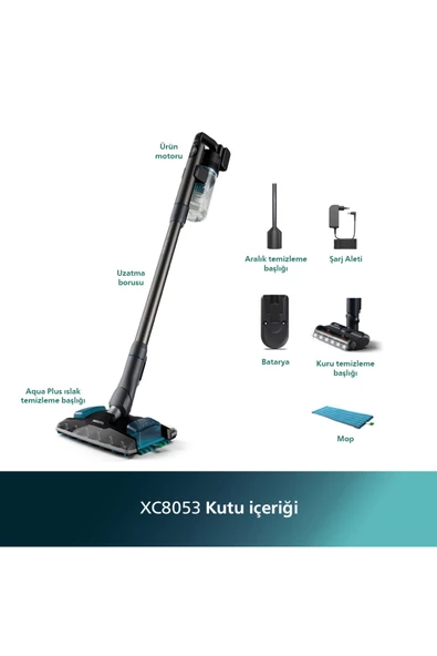 8000 Serisi Aqua Plus Dikey Süpürge, 80 Dakika Çalışma, Mop ve Kuru Özellik, Akıllı Başlık XC8053/01 - 2