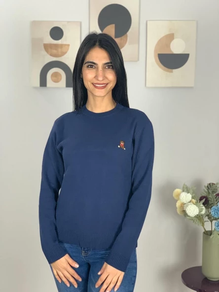 Kadın Teddy Bear Nakışlı Lacivert Triko Kazak - Resim 7