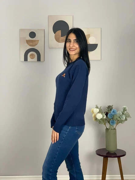 Kadın Teddy Bear Nakışlı Lacivert Triko Kazak - Resim 6