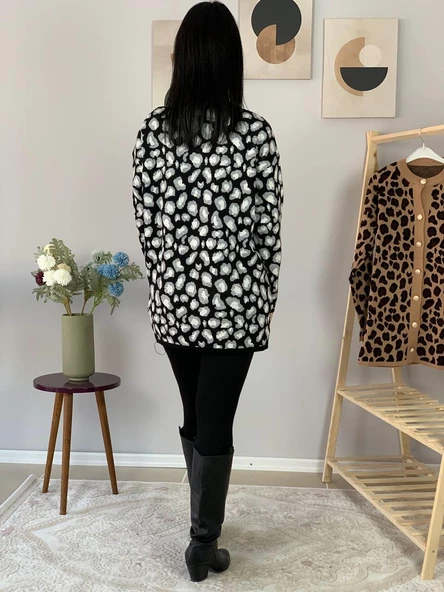 Kadın Leopar Desenli Uzun Hırka(Siyah) - 6