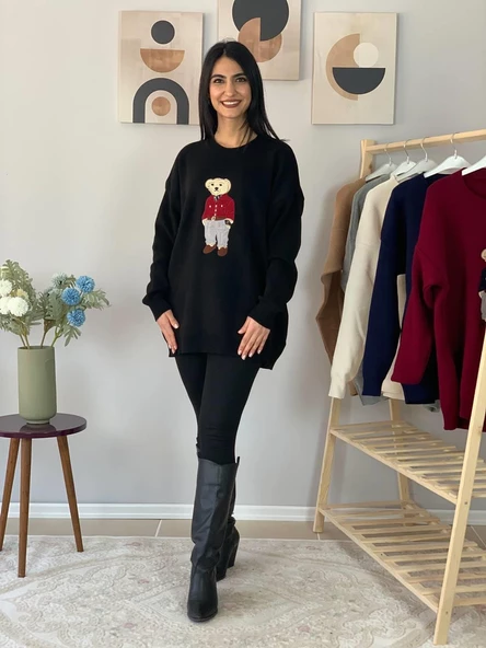 Kadın Teddy Bear Bisiklet Yaka Triko Kazak (Siyah) - Resim 2