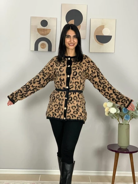 Kadın Siyah Kahverengi Leopar Desenli Uzun Sakallı Triko Hırka - 5