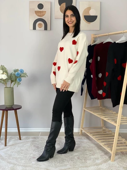 Kadın  Bisiklet Yaka Kalpli Triko Kazak (Krem) - Resim 4