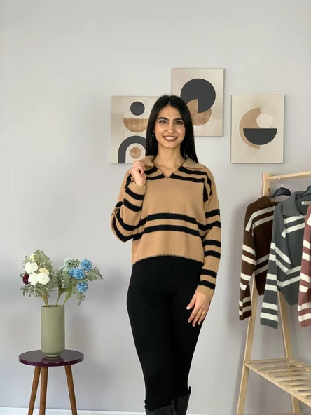 Kadın Polo Yaka Sakallı Triko Crop Kazak(Taş) - Resim 4