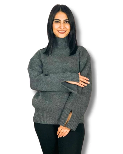 Kadın Füme Pinterest Model Kol Yırtmaçlı Balıkçı Yaka Triko Kazak ürün görseli