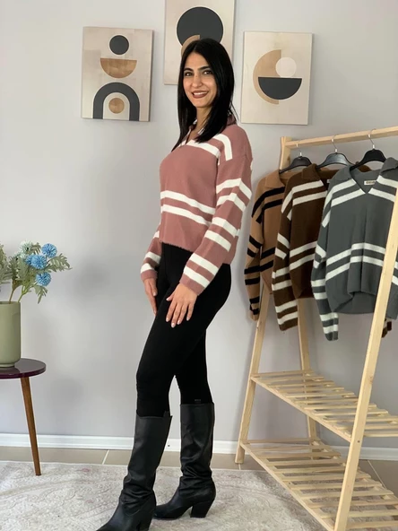 Kadın Polo Yaka Sakallı Triko Crop Kazak(Pembe) - Resim 4