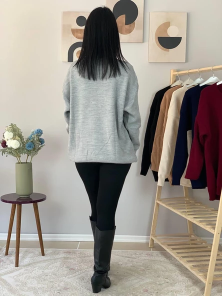 Kadın Teddy Bear Bisiklet Yaka Triko Kazak (Gri) - 7