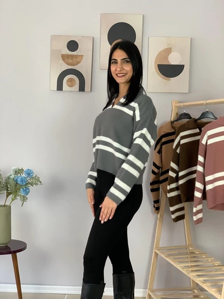 Kadın Polo Yaka Sakallı Triko Crop Kazak(Gri) - Resim 4