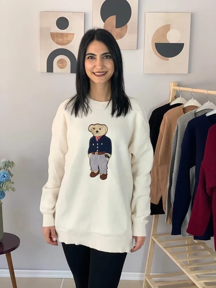 Kadın Teddy Bear Bisiklet Yaka Triko Kazak (Krem) - Resim 3