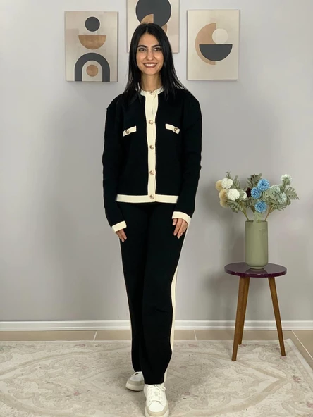 Kadın Gold Düğmeli Siyah Beyaz Şeritli Triko Takım(Siyah) - Resim 2