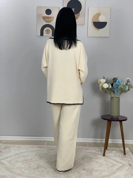 Kadın Çoban Dikişli Rahat Kesim Triko Takım(Beyaz) - Resim 4