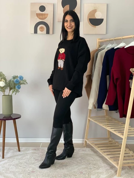 Kadın Teddy Bear Bisiklet Yaka Triko Kazak (Siyah) - Resim 5