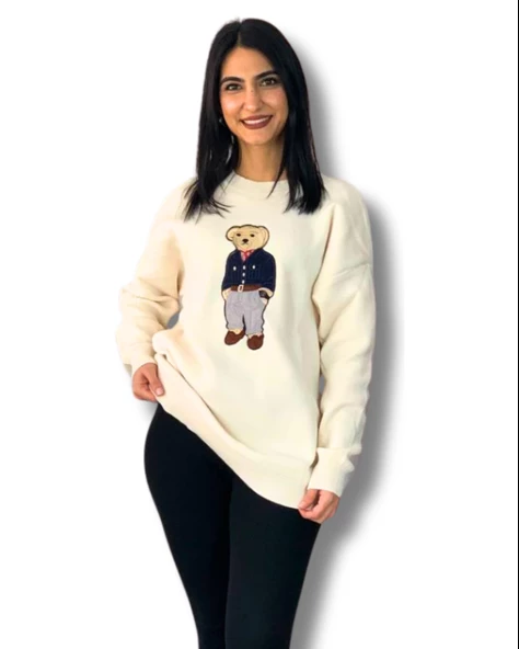 Kadın Teddy Bear Bisiklet Yaka Triko Kazak (Krem)
