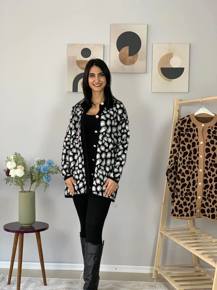 Kadın Leopar Desenli Uzun Hırka(Siyah) - 2