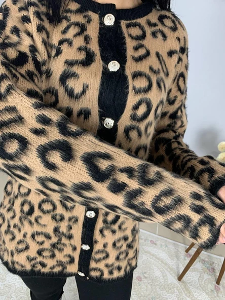 Kadın Siyah Kahverengi Leopar Desenli Uzun Sakallı Triko Hırka - 3