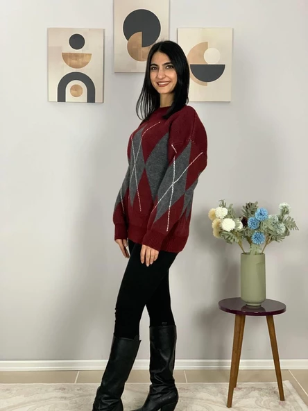 Bordo Füme Baklava Desenli Kazak - Resim 4