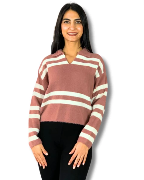 Kadın Polo Yaka Sakallı Triko Crop Kazak(Pembe) ürün görseli