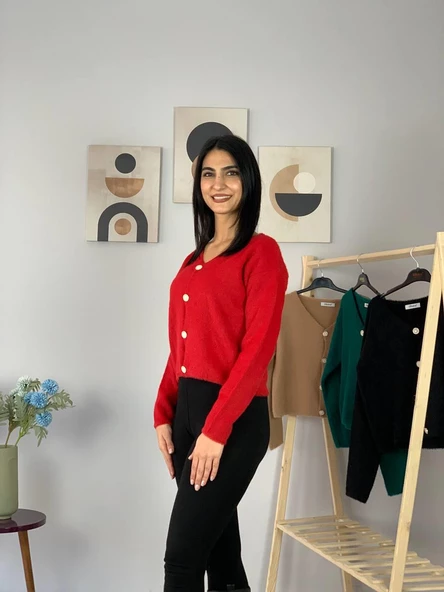 Kadın Sakallı Triko Crop Hırka(Kırmızı) - 3