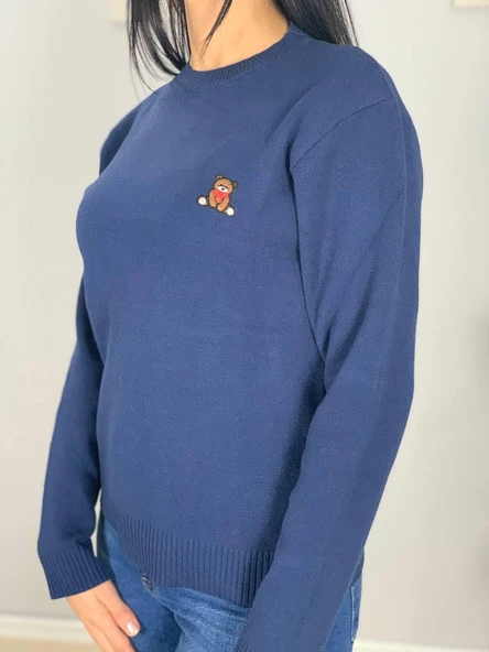 Kadın Teddy Bear Nakışlı Lacivert Triko Kazak - Resim 4