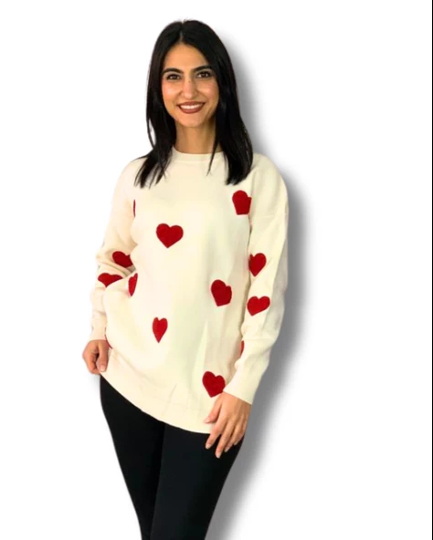 Kadın  Bisiklet Yaka Kalpli Triko Kazak (Krem) ürün görseli