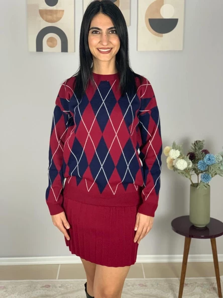 Kadın Baklava  Desenli Etekli Alt Üst Triko Takım(Bordo) - Resim 2