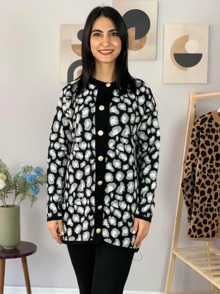 Kadın Leopar Desenli Uzun Hırka(Siyah) - 3