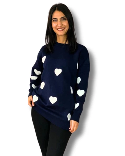 Kadın  Bisiklet Yaka Kalpli Triko Kazak (Lacivert) ürün görseli