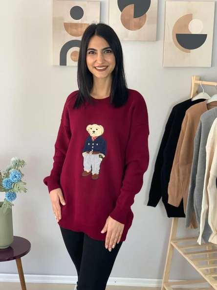 Kadın Teddy Bear Bisiklet Yaka Triko Kazak (Bordo) - Resim 4