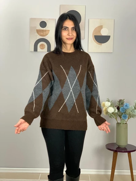 Kahve Füme Baklava Desenli Kazak - Resim 4