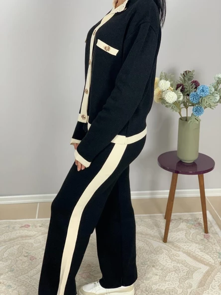 Kadın Gold Düğmeli Siyah Beyaz Şeritli Triko Takım(Siyah) - Resim 5