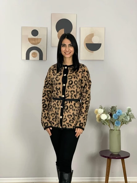 Kadın Siyah Kahverengi Leopar Desenli Uzun Sakallı Triko Hırka - 2